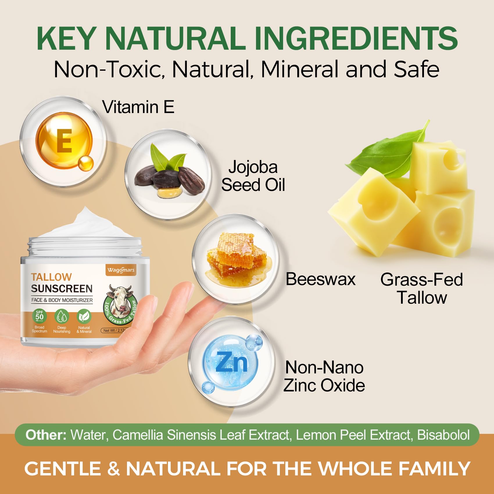 Wagomars ingredients flatlay with beef tallow and oils showing purity benefit