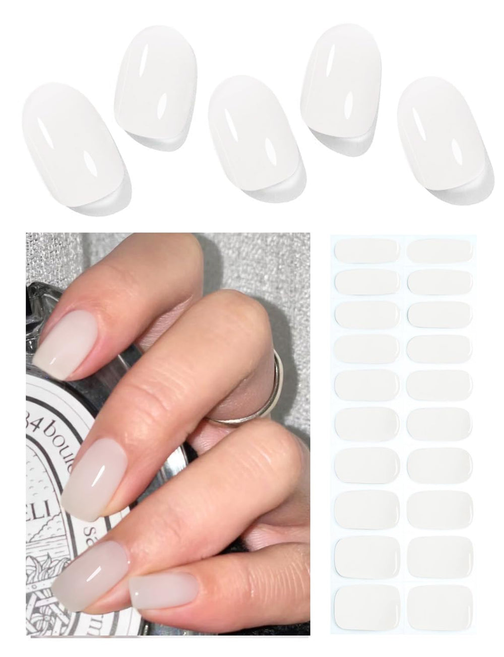 Wahrshei front packaging showing milky gel stickers and included tools for quick manicures