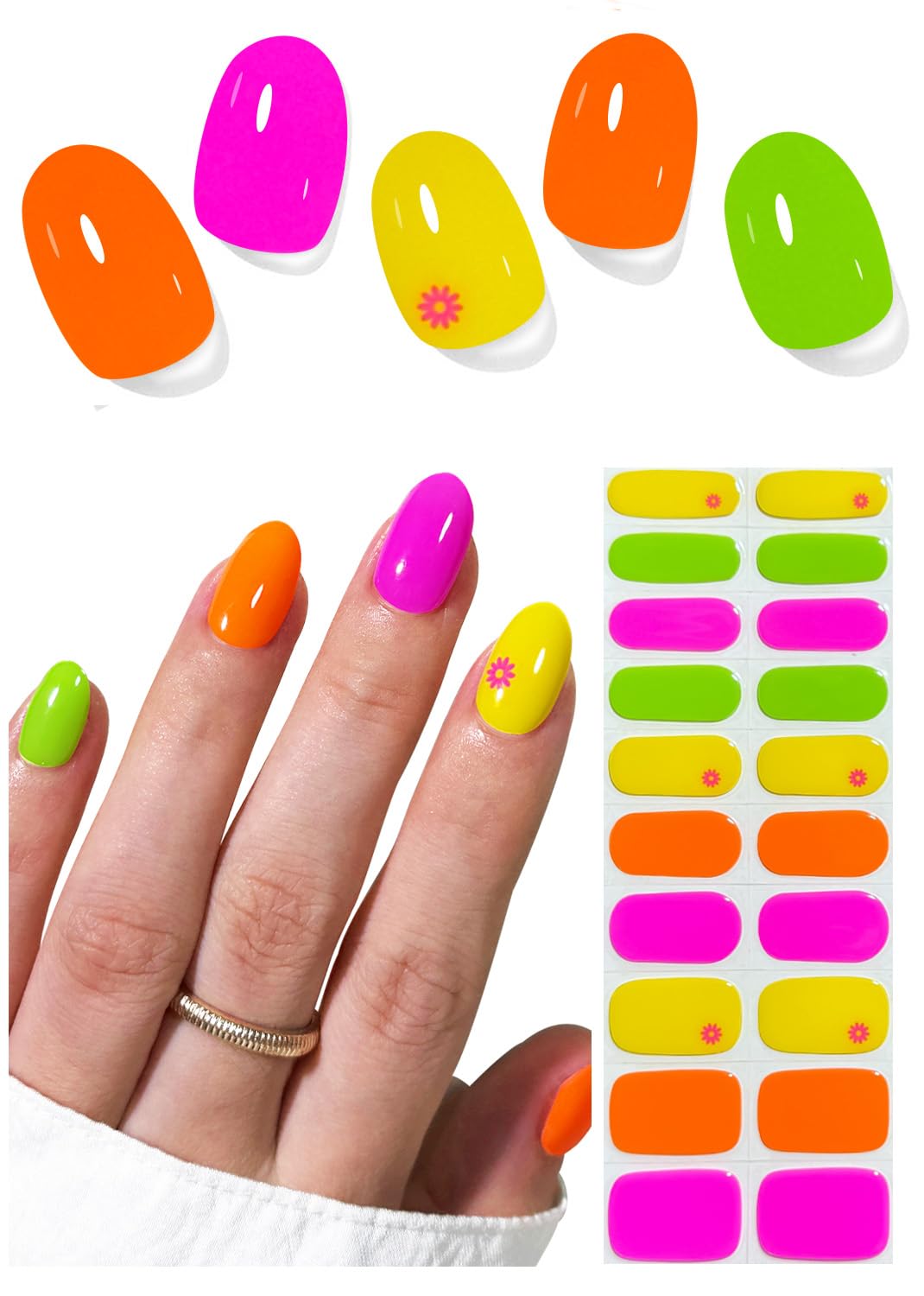 Wahrshei front packaging showing neon summer gel strips and included tools for quick application