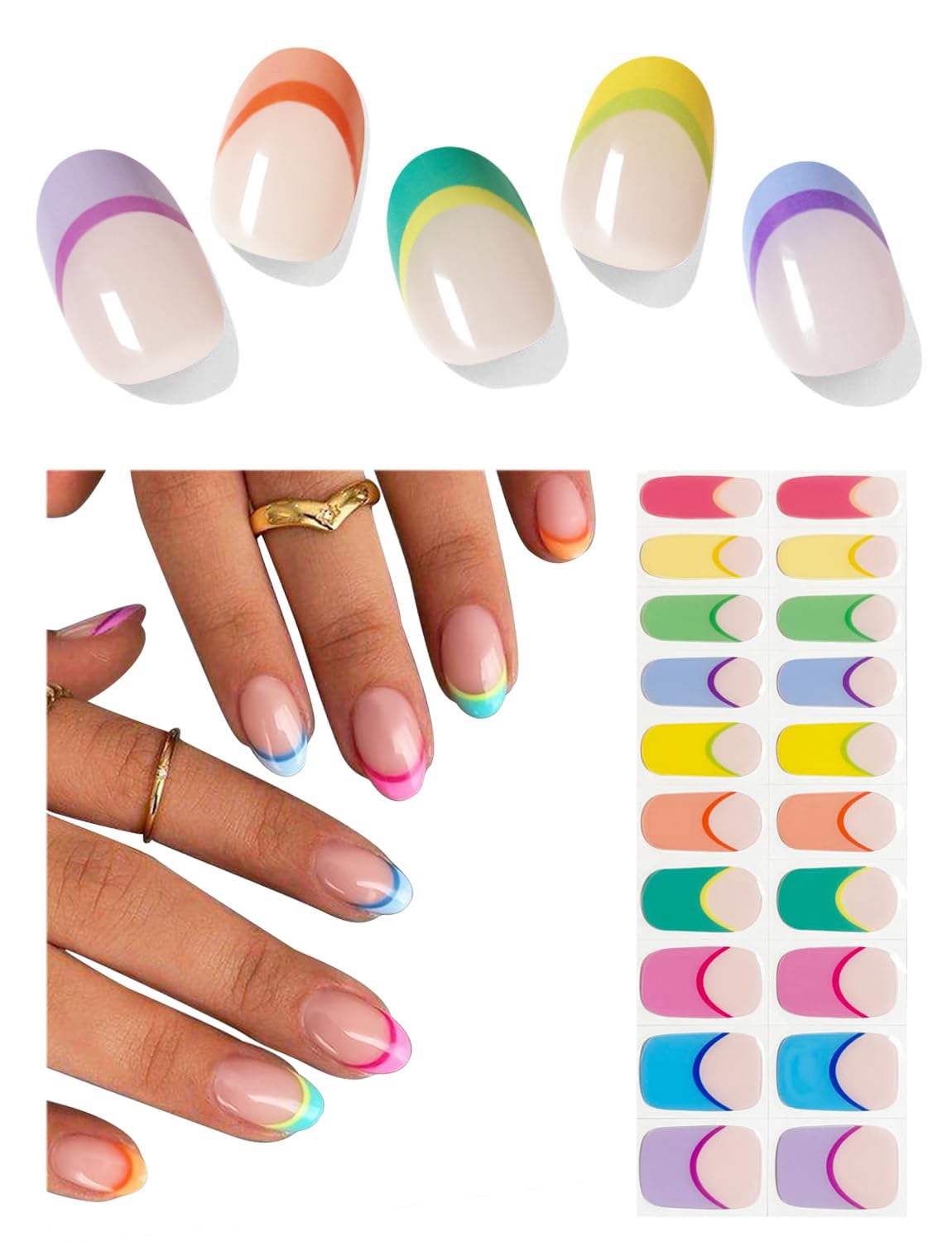 Wahrshei front packaging showing spring rainbow gel nail strips and included tools for quick application