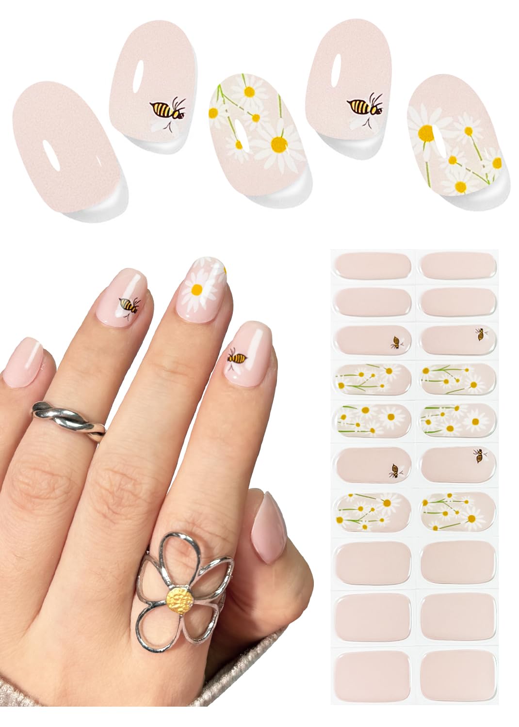 Wahrshei front packaging showing 20pcs sunflower bee gel nail strips and tools for quick application