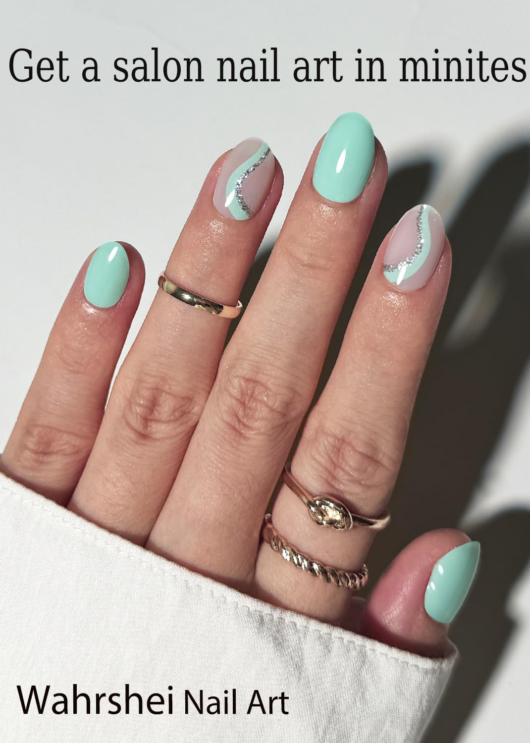 Wahrshei mint green gel stickers applied on hand showcasing salon-like glossy results