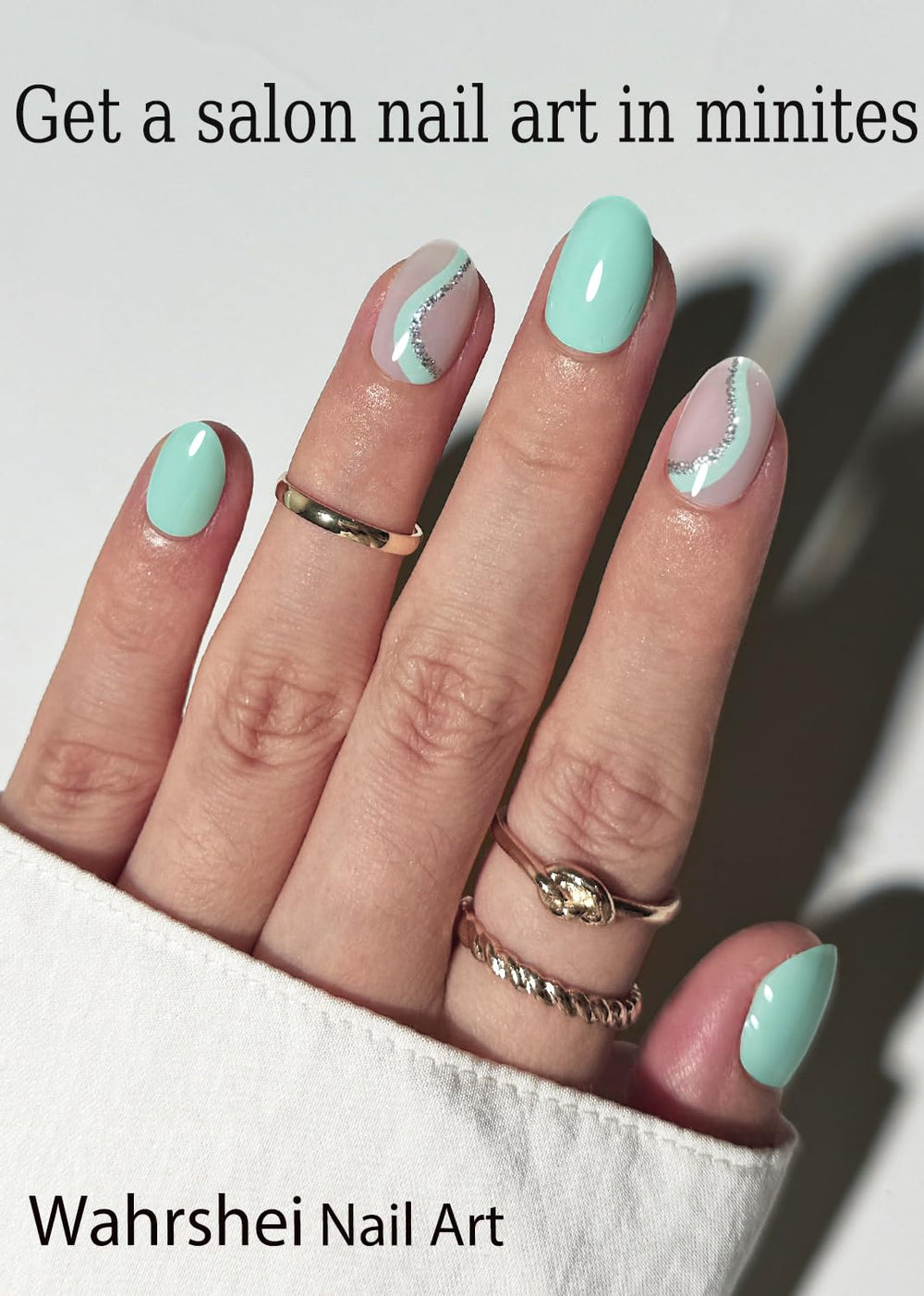 Wahrshei mint green gel stickers applied on hand showcasing salon-like glossy results