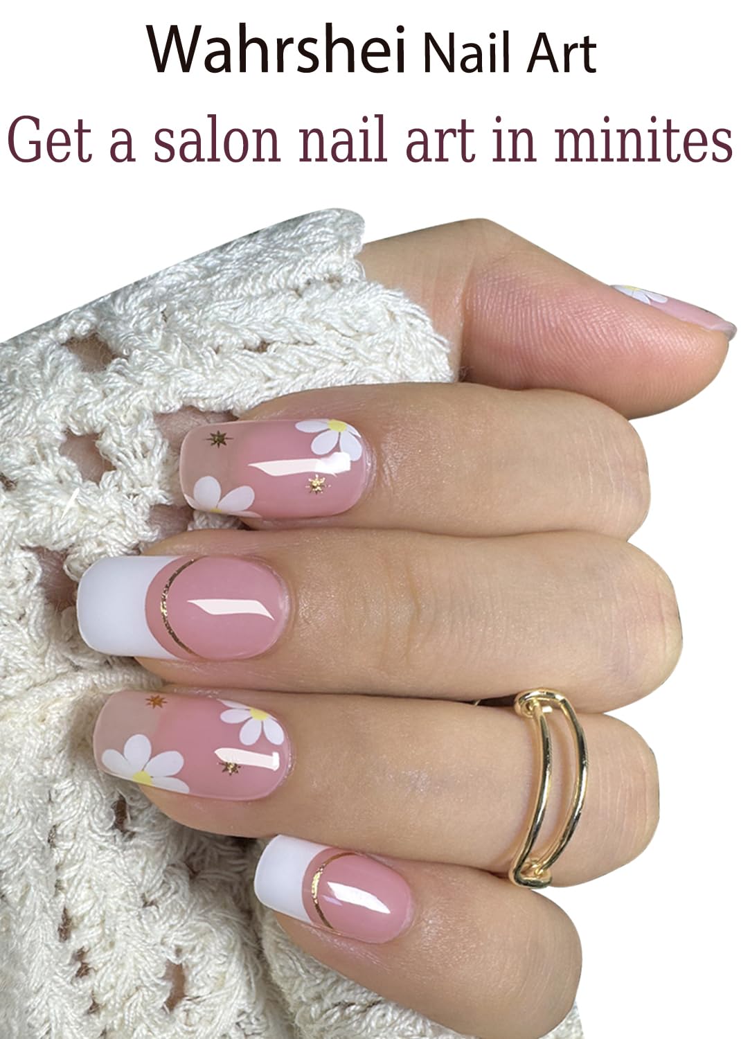 Wahrshei applied on nails in use showing salon-style floral French result