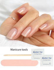 Wahrshei applied on natural nails in use showing glossy sheer nude wear and neat edges benefit
