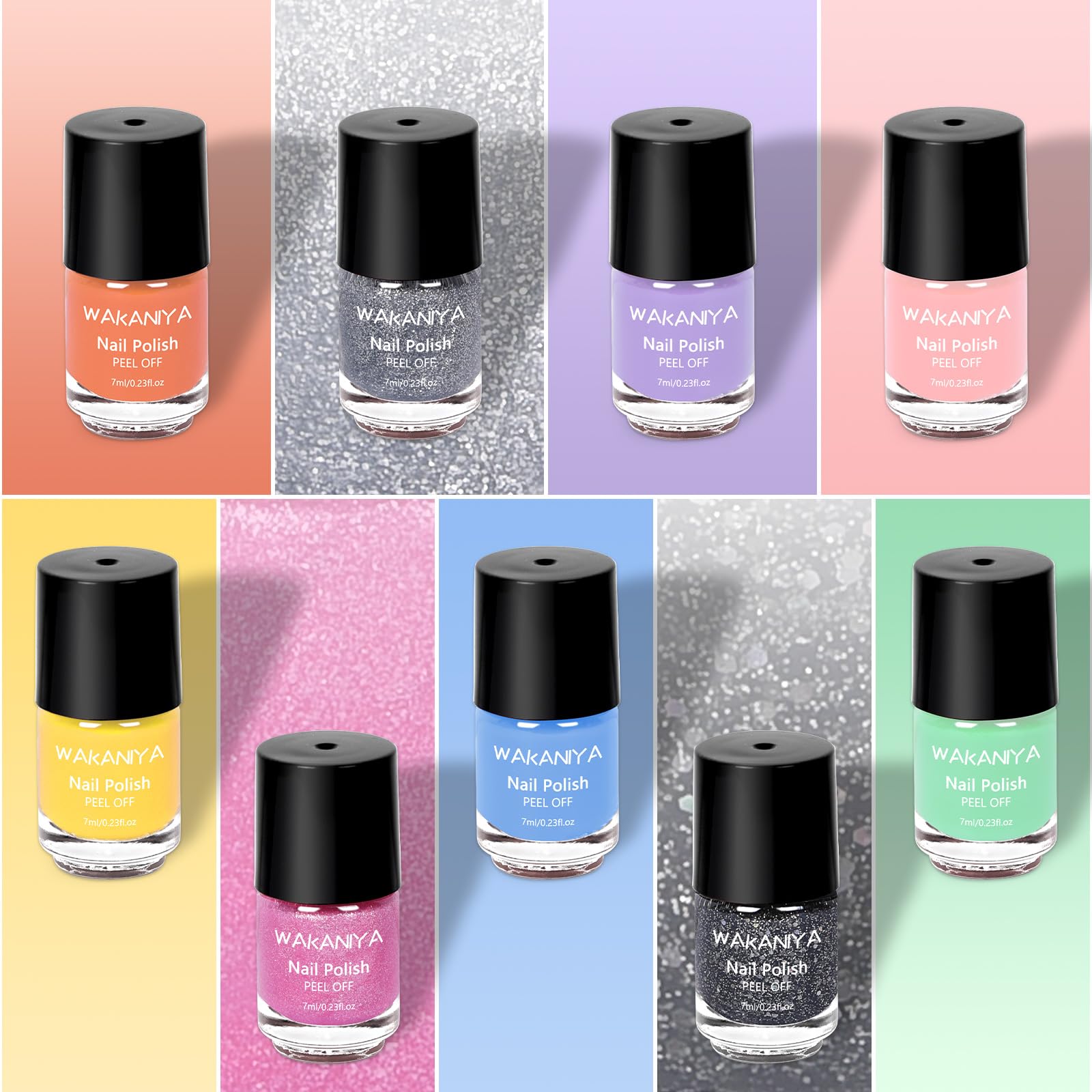 wakaniya bottle collection of nine colorful 7ml water-based polishes, bright shades for fast fun