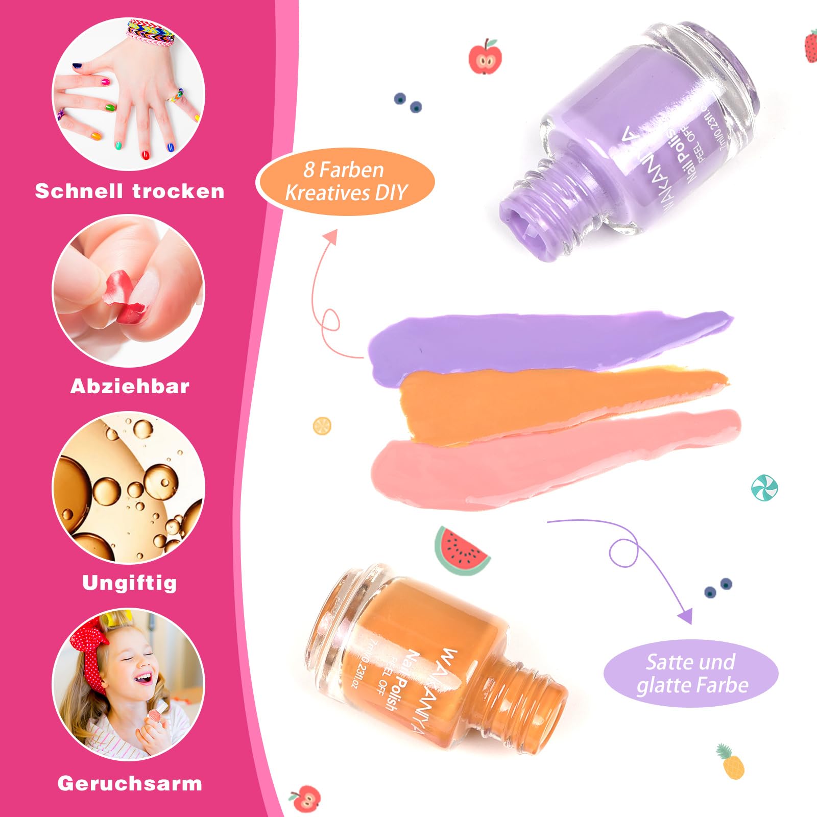 wakaniya close-up of eight vibrant polishes illustrating bold single-coat color