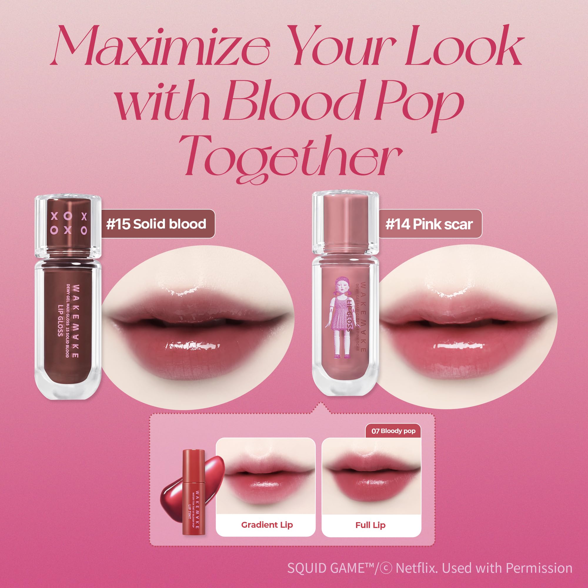 WAKEMAKE lips wearing 15 Solid Blood showing glossy finish and fuller-looking effect