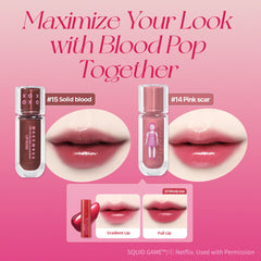 WAKEMAKE lips wearing 15 Solid Blood showing glossy finish and fuller-looking effect