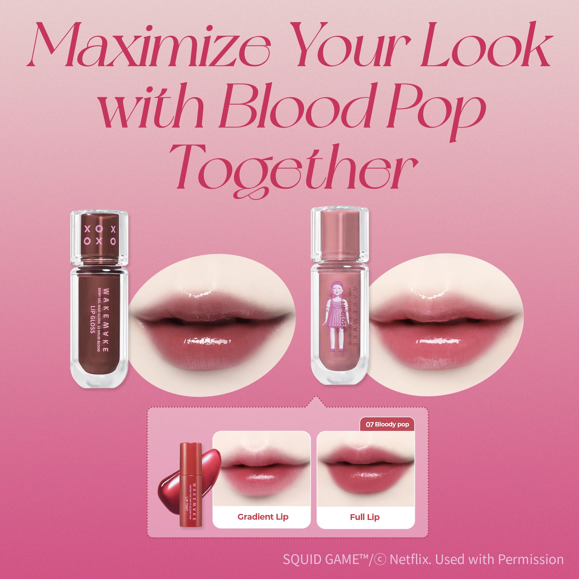 WAKEMAKE mini Watery Tok Tint paired with gloss illustrating layered color longevity