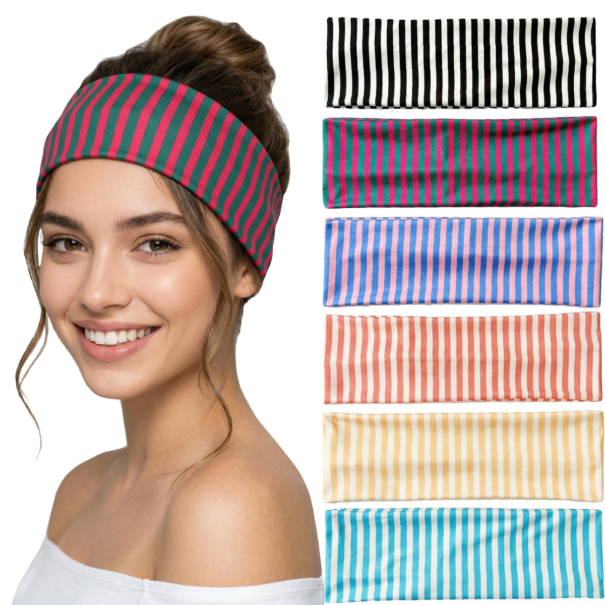 Waliah front pack of six striped headbands showing colors and retro style benefits