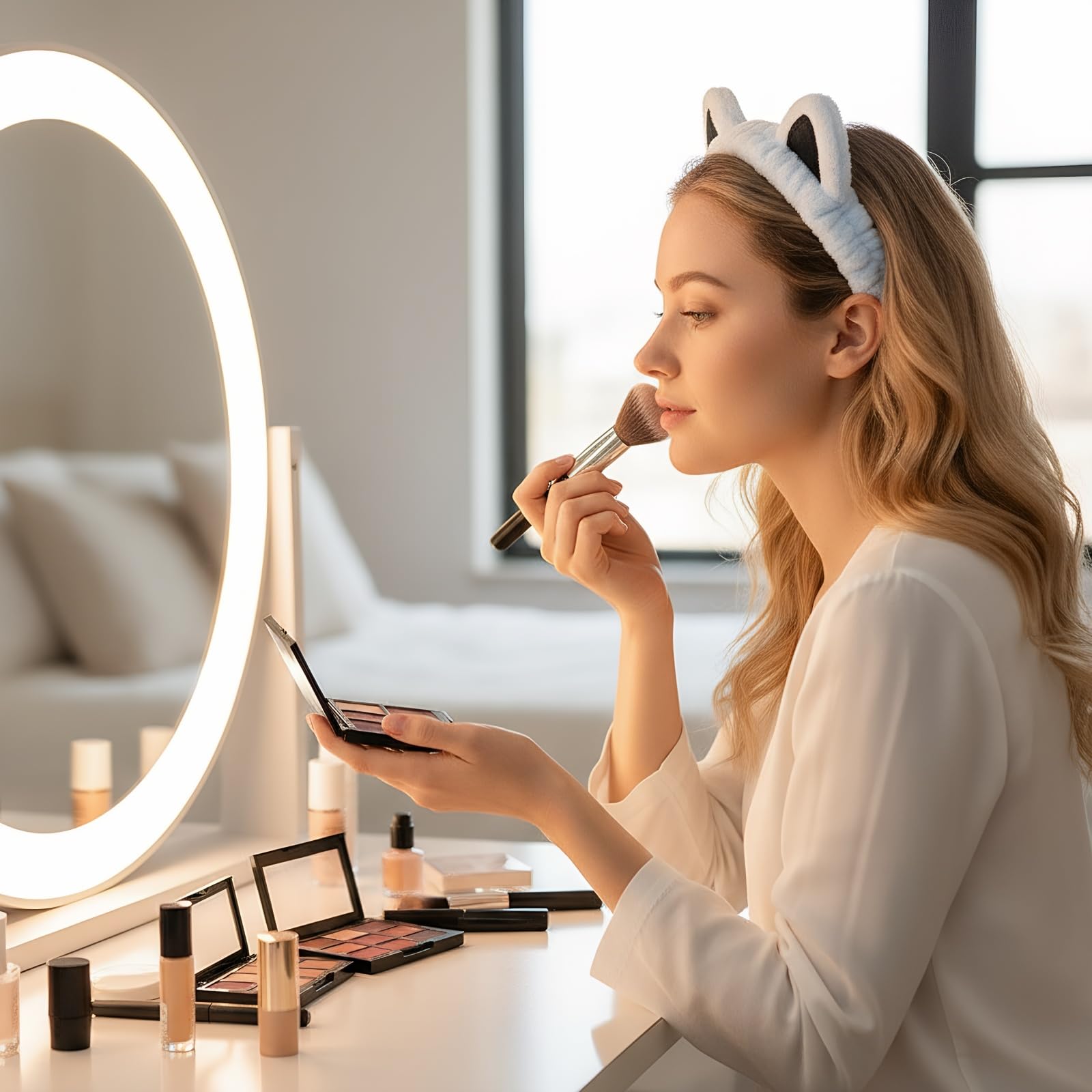 Waliah headband worn by model keeping hair back during skincare for convenience