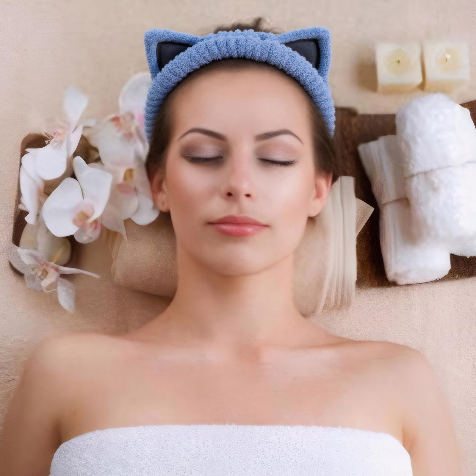 Waliah headband in spa bathroom setting highlighting stylish self-care benefit