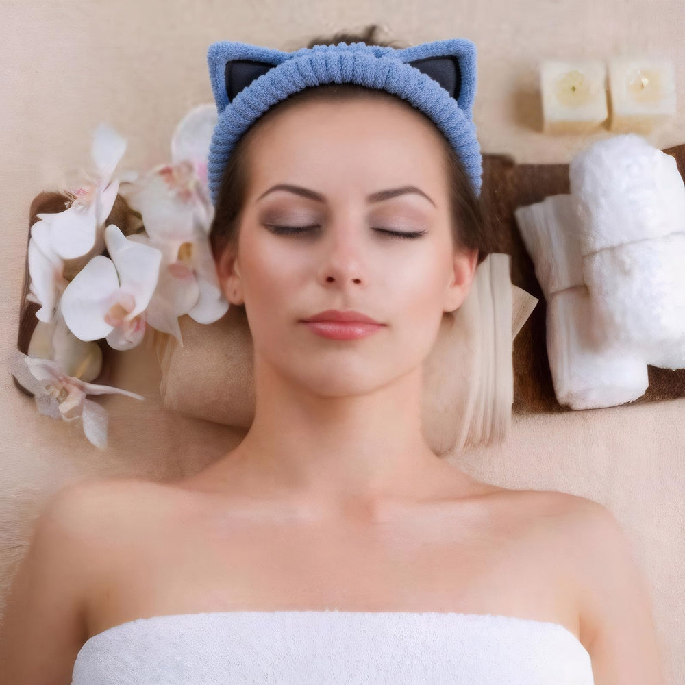Waliah headband in spa bathroom setting highlighting stylish self-care benefit