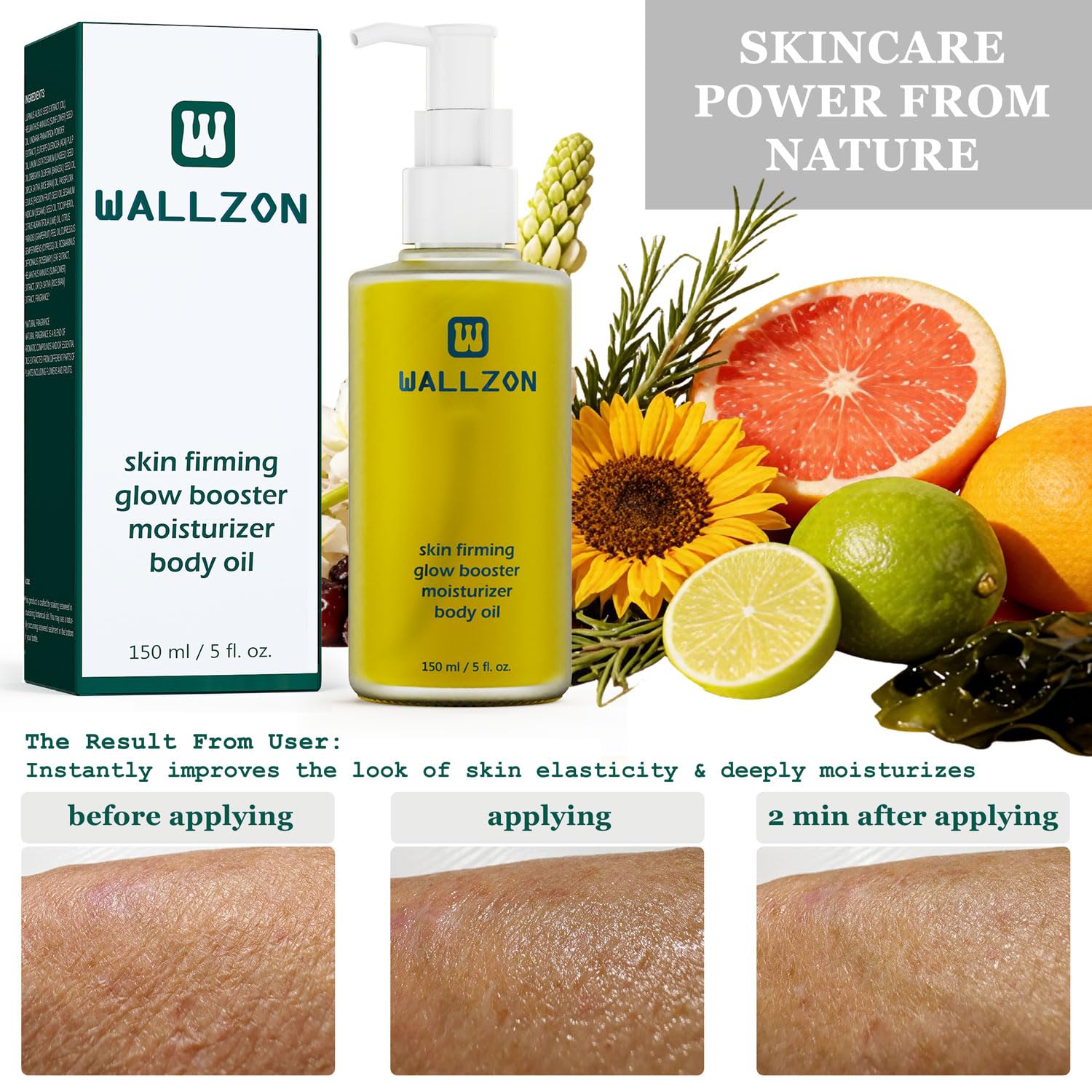 WALLZON bottle next to seaweed illustrating marine extract potency for elasticity