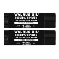 Walrus Oil Logger's Lip Balm front packaging showing two tubes and branding benefit travel-ready