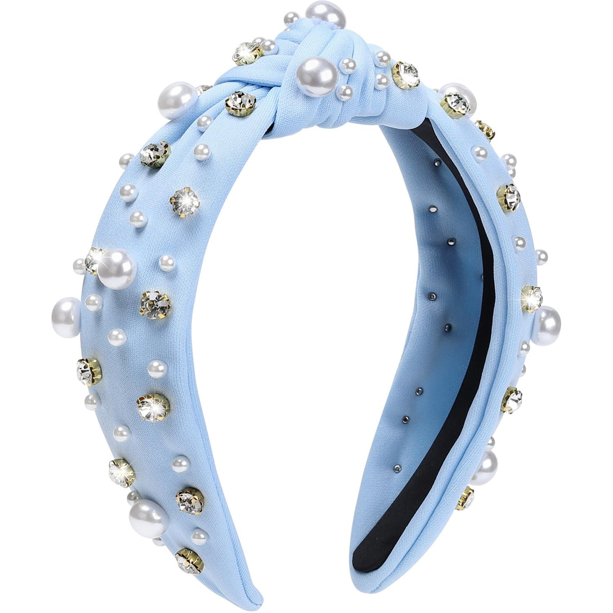 WantGor front view light-blue headband showing elegant pearls and rhinestones, polished look