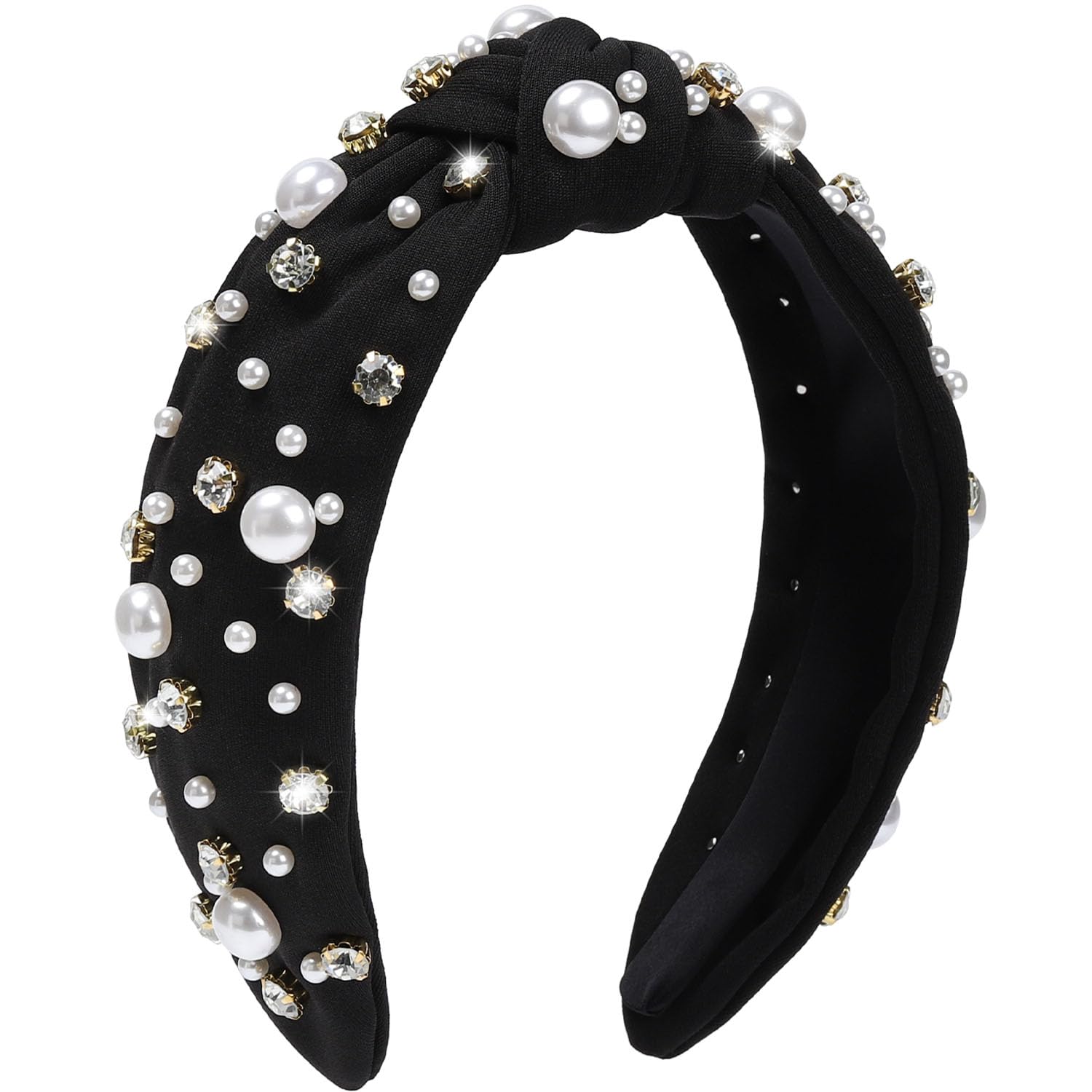 WantGor pearl headband front view showing elegant black band and embellishments for refined styling