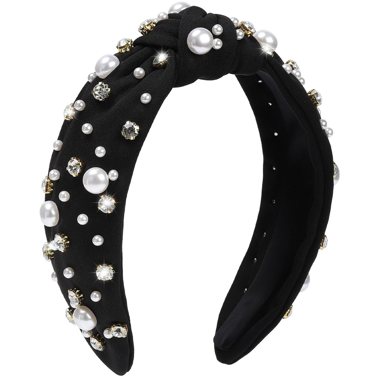 WantGor pearl headband front view showing elegant black band and embellishments for refined styling