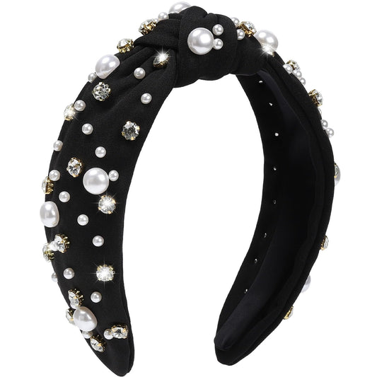 WantGor pearl headband front view showing elegant black band and embellishments for refined styling