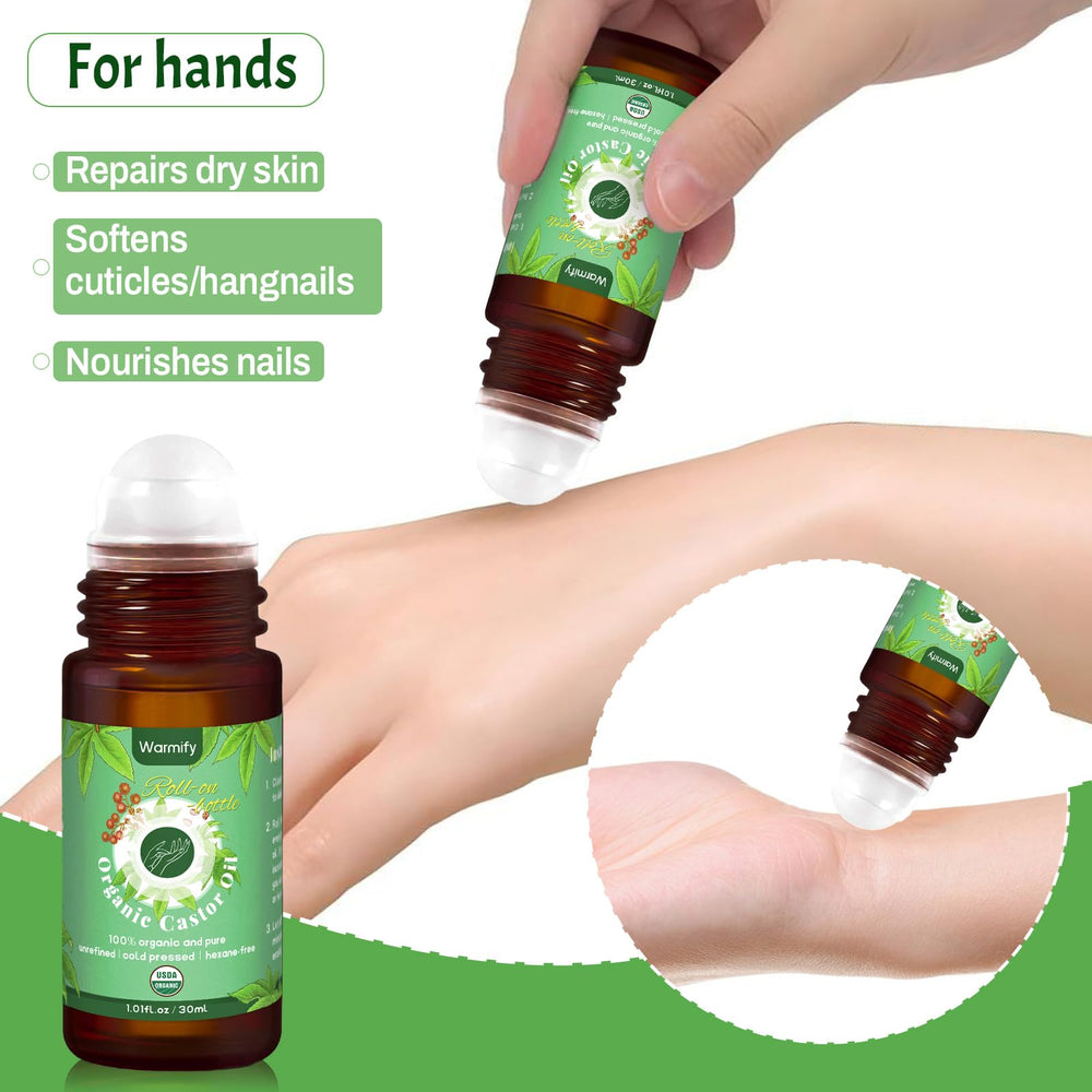 Warmify amber glass bottle label highlighting organic cold-pressed oil