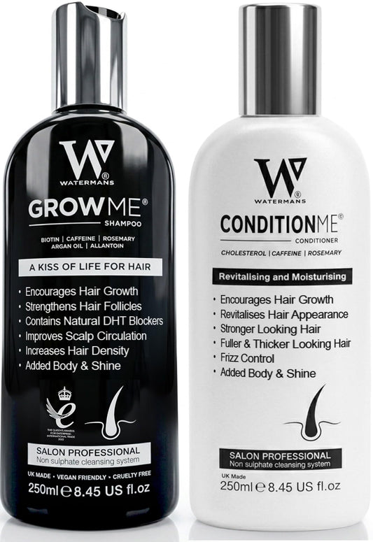 Watermans front packaging of shampoo and conditioner shows product pair benefits