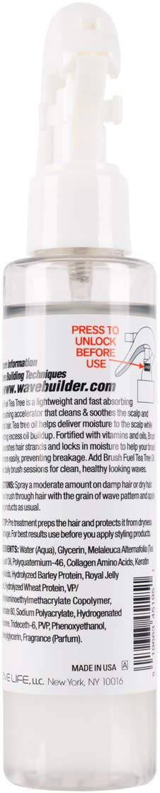 WAVEBUILDER Brush Fuel label close-up highlighting tea tree and rice milk ingredients benefit