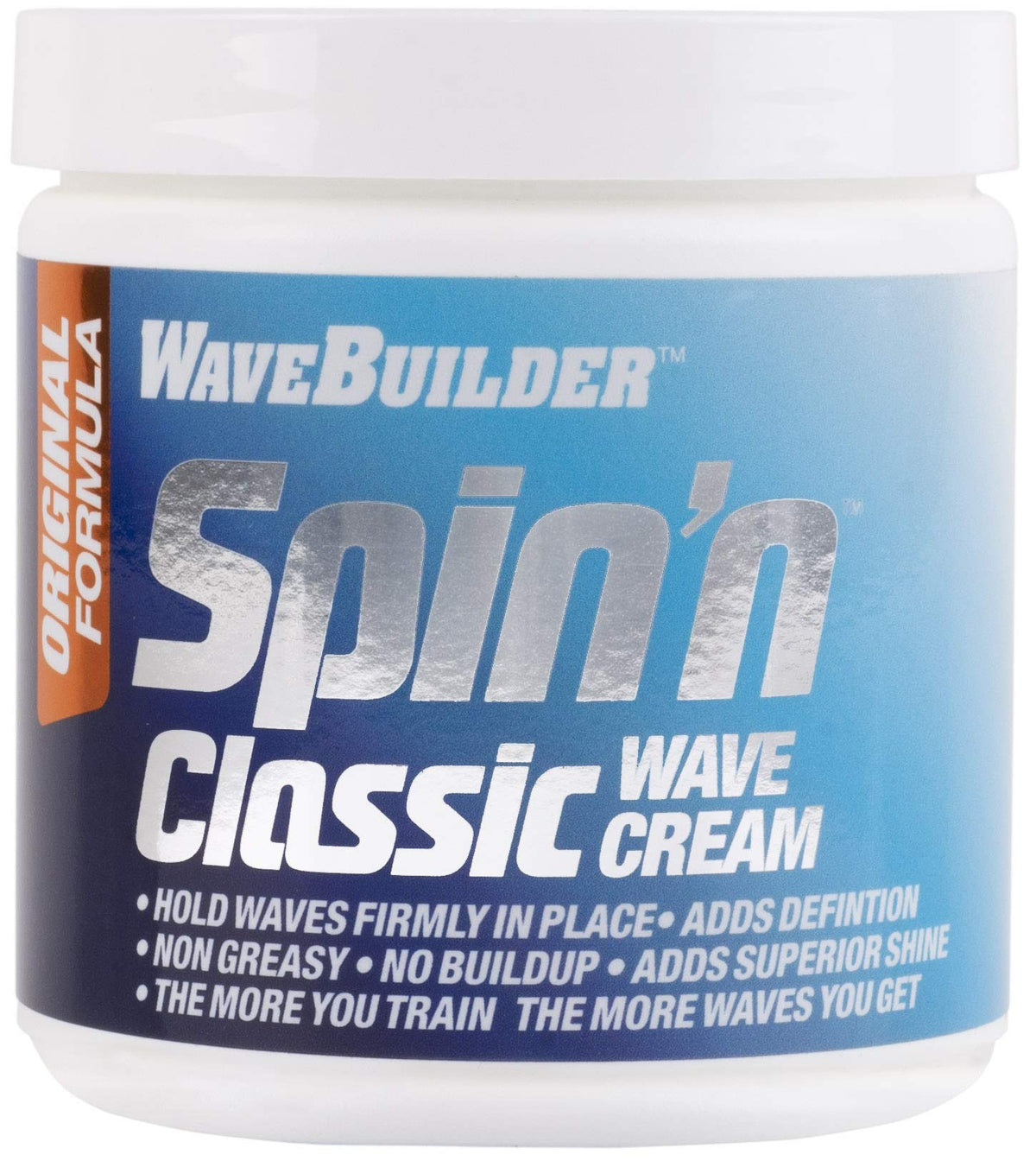 WAVEBUILDER Spin'n Classic front jar view showing label and size, highlights strong hold