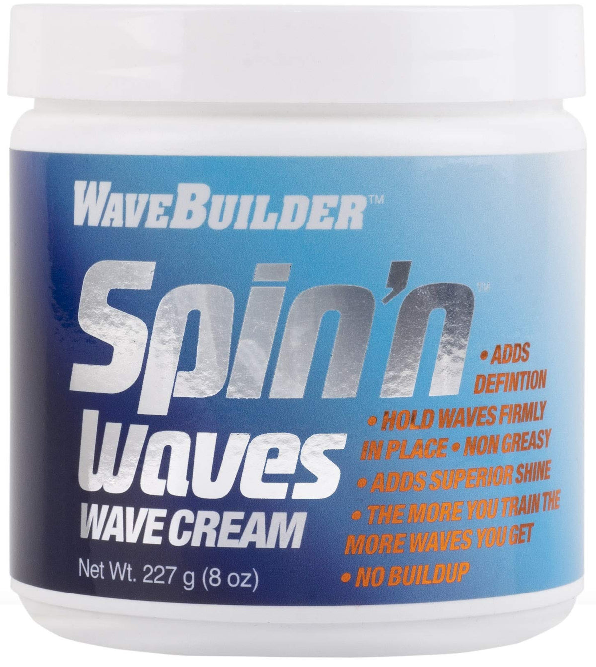 WAVEBUILDER Spin'n Waves jar front view showing label and 8 oz size with clear branding and benefit