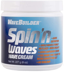 WAVEBUILDER Spin'n Waves jar front view showing label and 8 oz size with clear branding and benefit