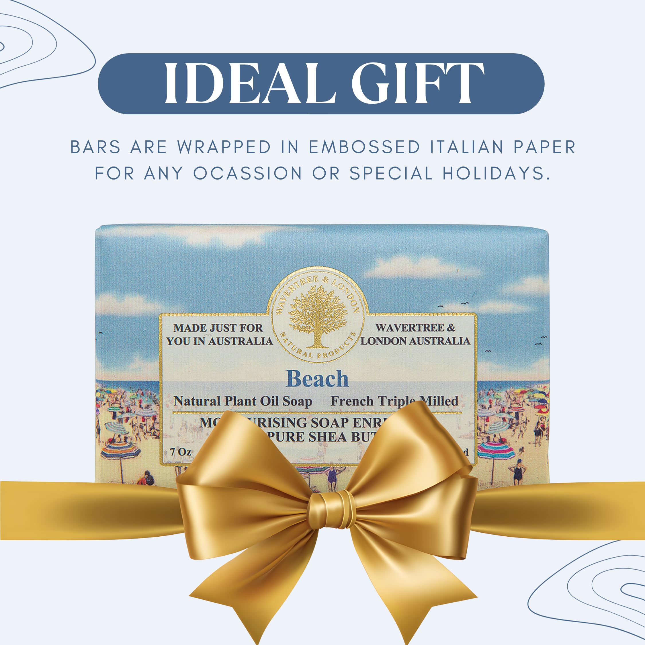 Wavertree & London soap bar next to a hand to show 7oz scale and long-lasting size