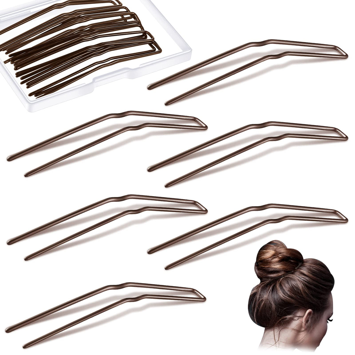 Waydress front packaging showing 36 brown u-shaped bobby pins, organized and ready