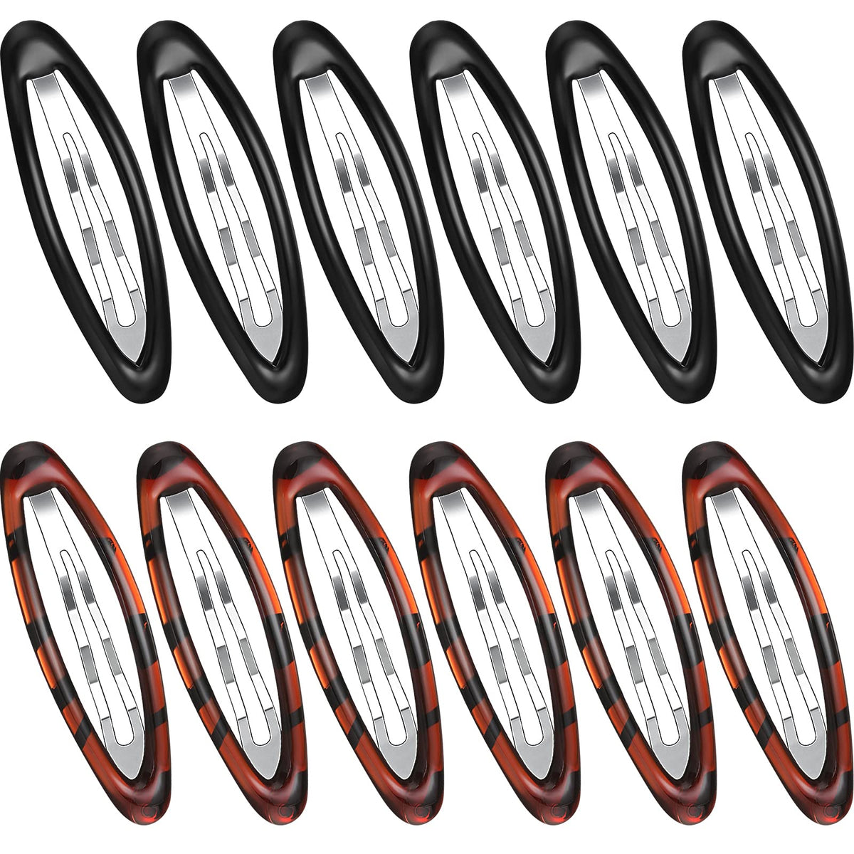 Waydress front view of 12-piece tortoise oval clips showing colors and finish benefits