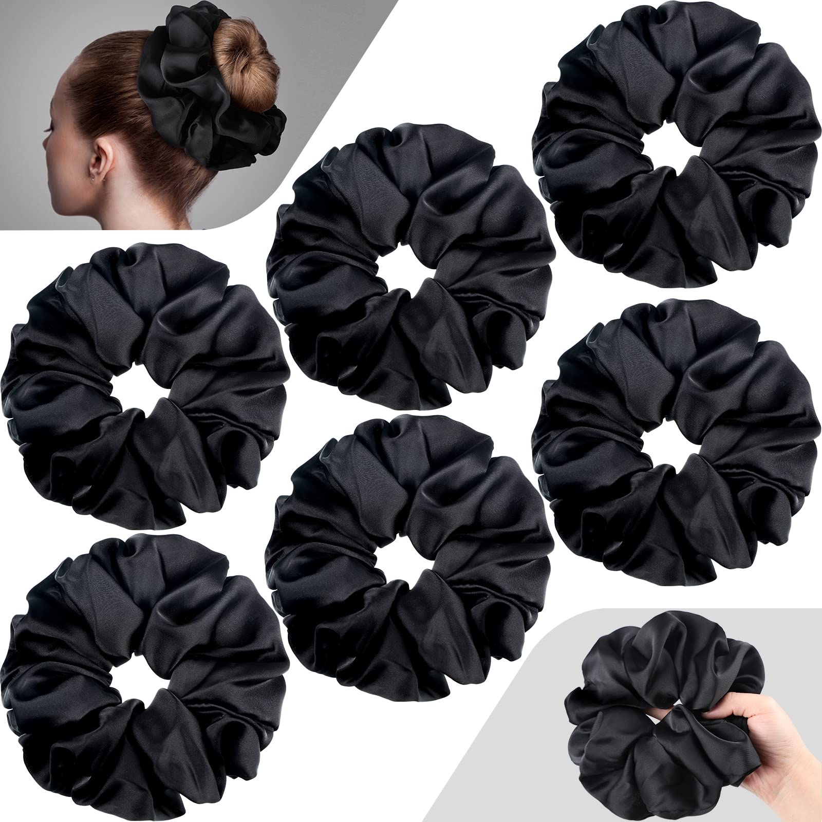 Waydress front view of six black oversized satin scrunchies shows glossy finish and plush volume