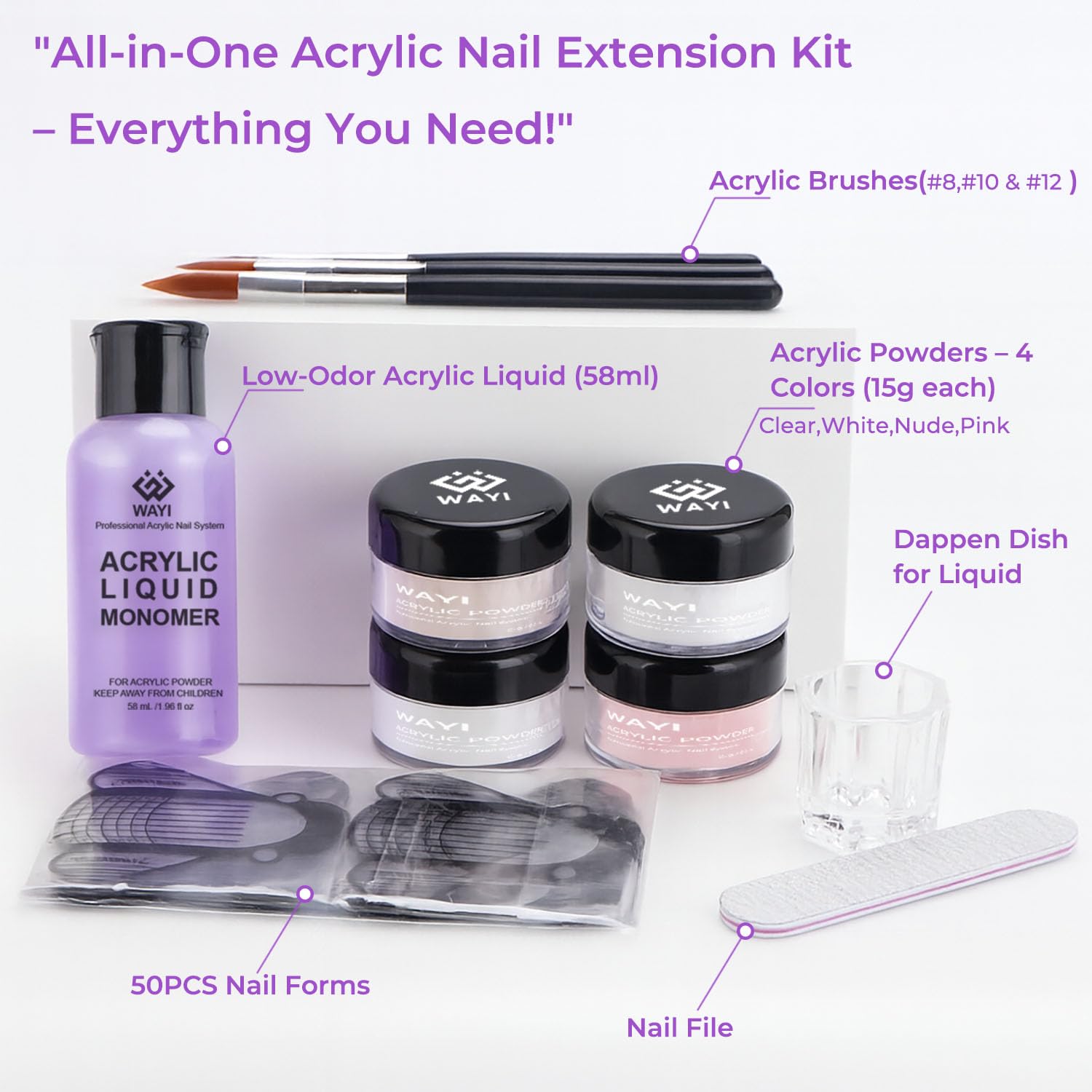 WAYI close-up of four acrylic powders demonstrating smooth texture for easy shaping