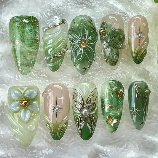 WBRRFJJ front view of 30-piece green almond press-on nails for instant manicures