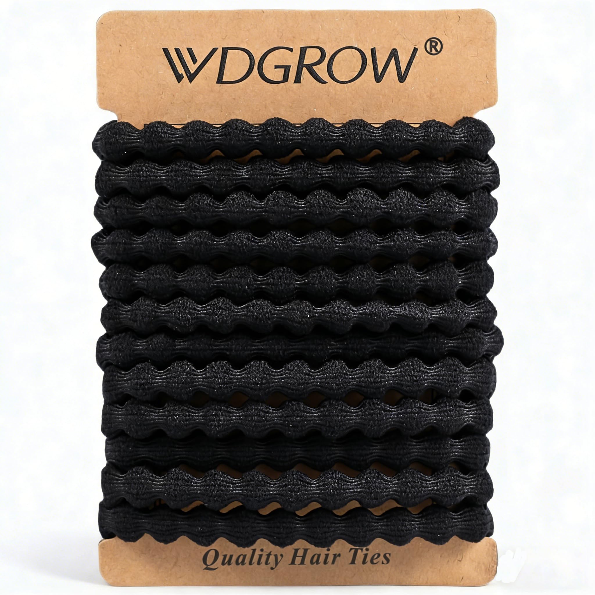 WDGROW front packaging showing 12 black hair ties for reliable daily hold