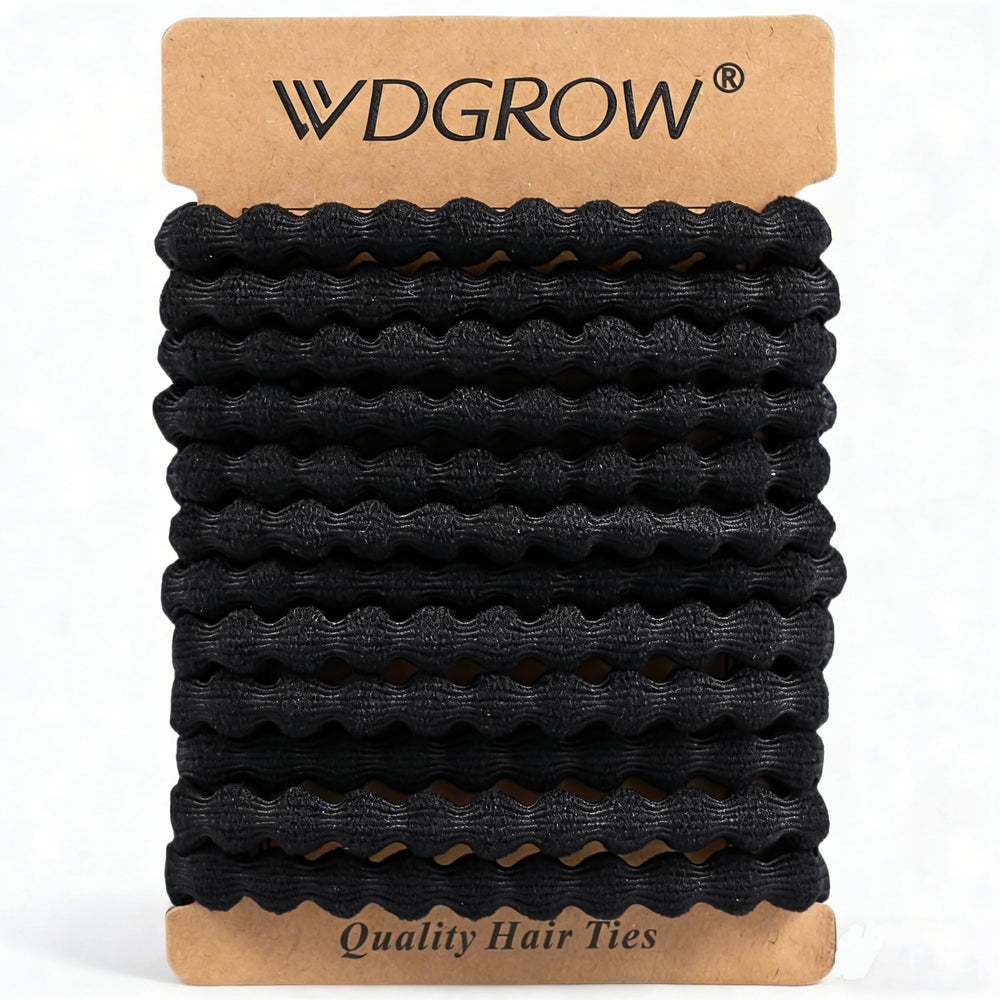 WDGROW front packaging showing 12 black hair ties for reliable daily hold