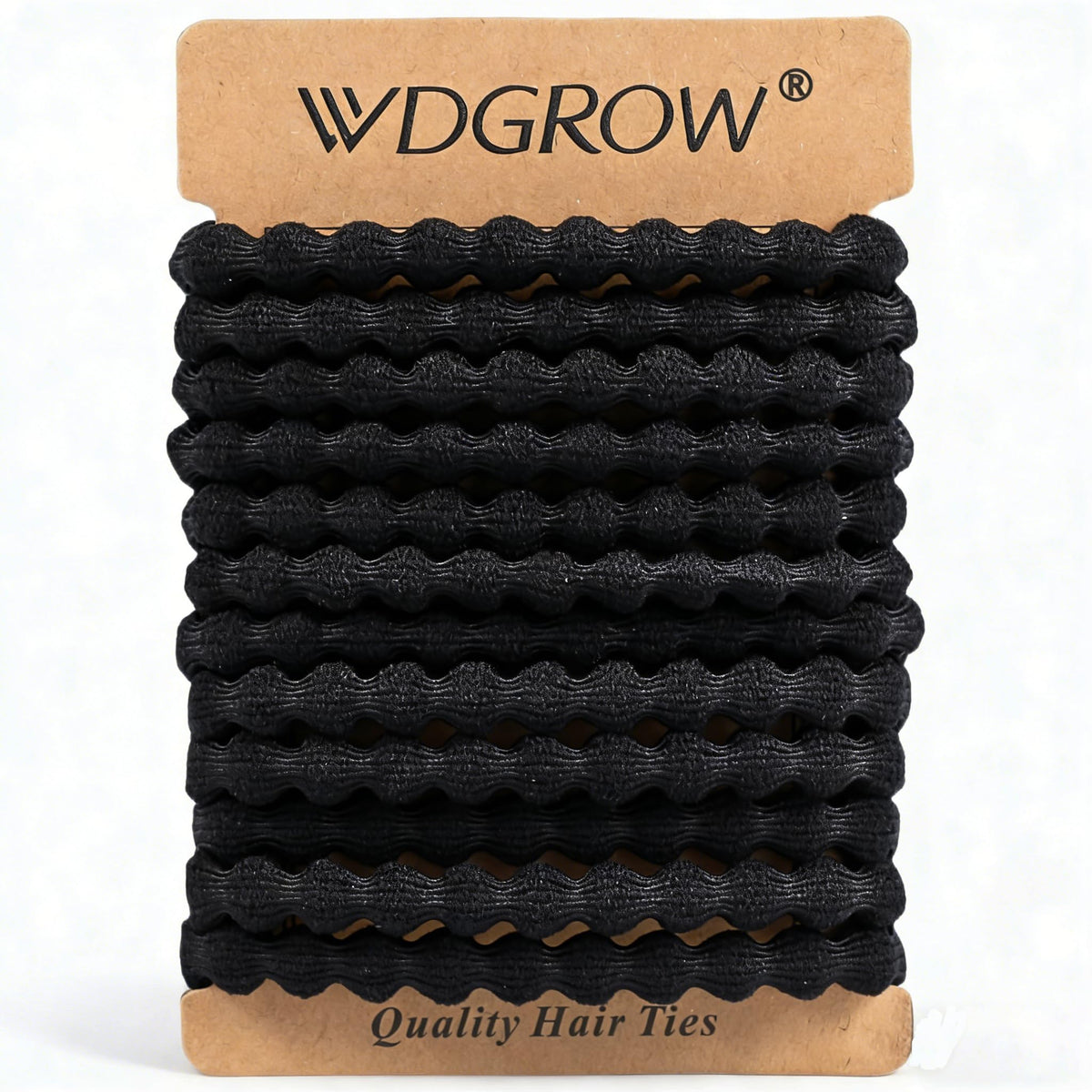 WDGROW front packaging showing 12 black hair ties for reliable daily hold