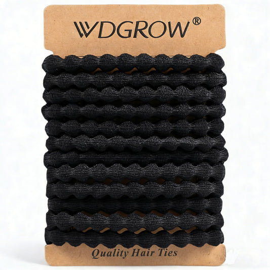 WDGROW front packaging showing 12 black hair ties for reliable daily hold