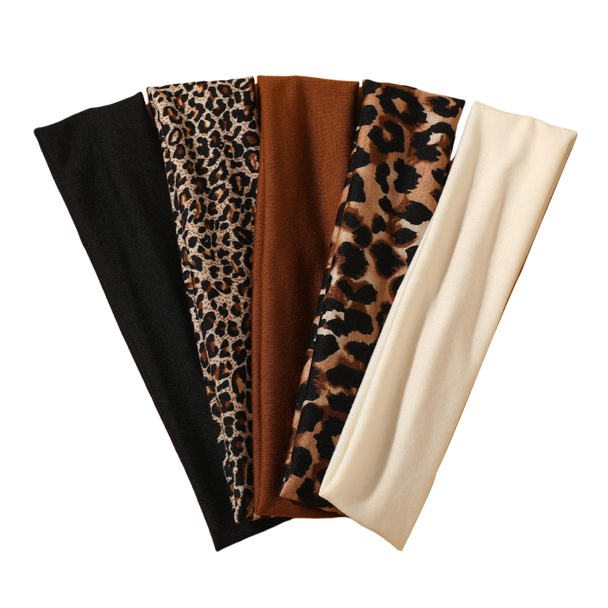 Weazppre front view of five brown animal-print headbands showing variety and style