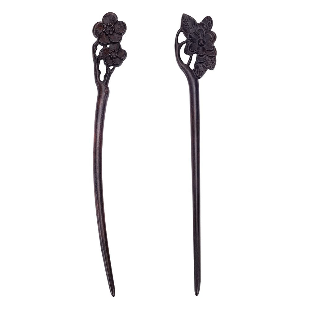 WEBEEDY front view of both wooden hair sticks showing design and practical length
