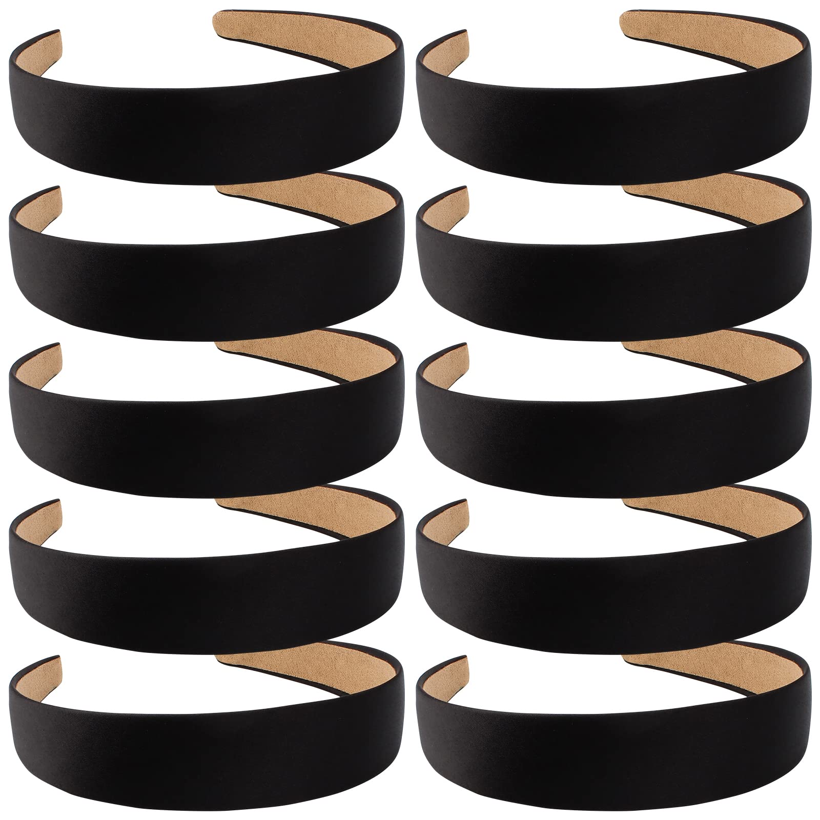 Wecoe front view of ten black satin headbands showing value pack and sleek finish