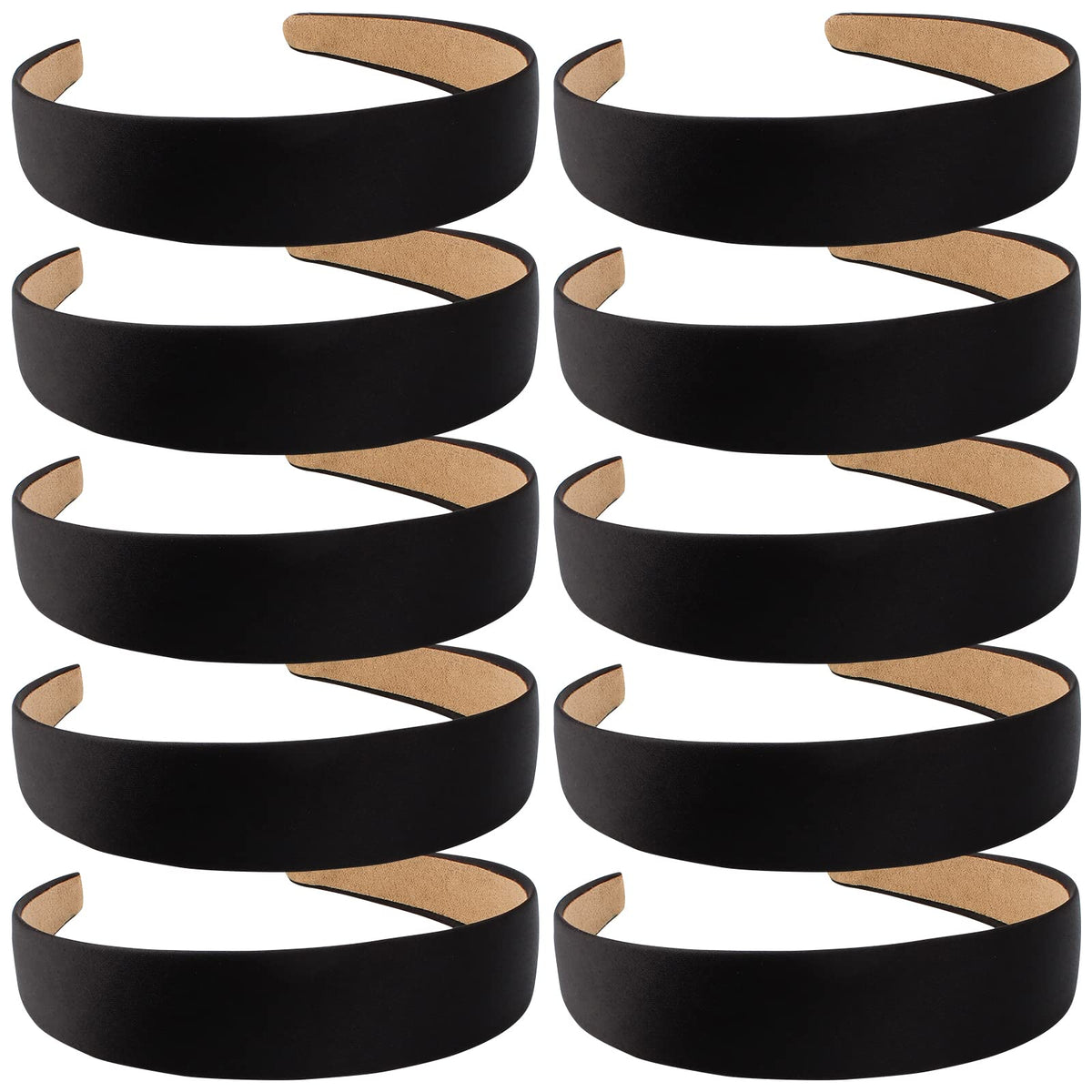Wecoe front view of ten black satin headbands showing value pack and sleek finish