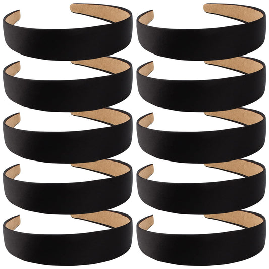 Wecoe front view of ten black satin headbands showing value pack and sleek finish