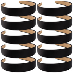 Wecoe front view of ten black satin headbands showing value pack and sleek finish