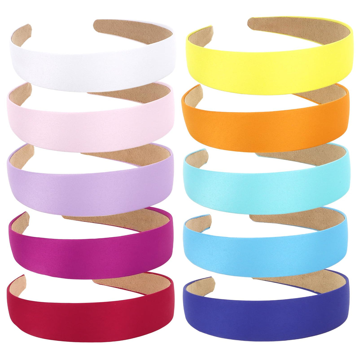 Wecoe front packaging showing ten colorful satin headbands, easy styling