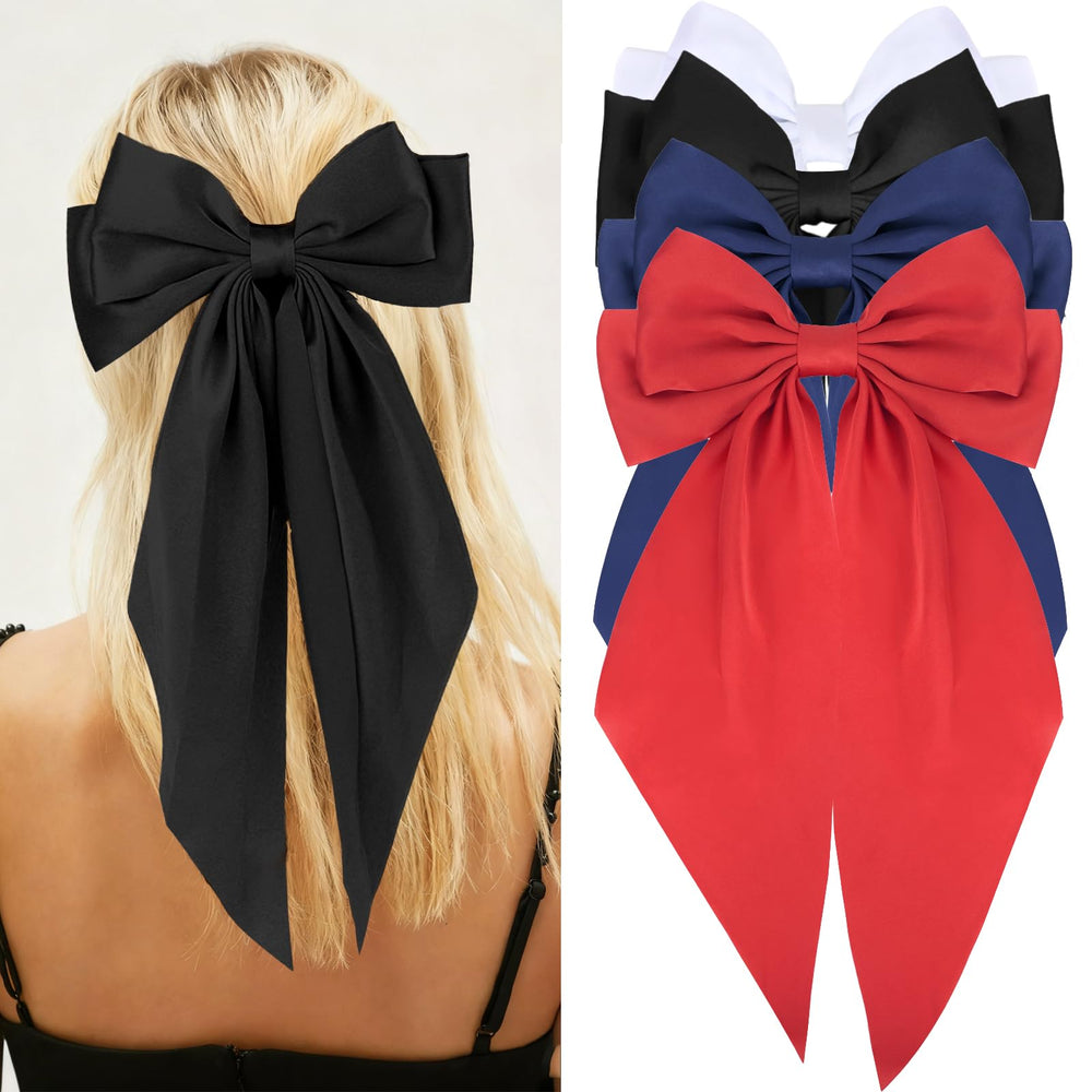 Wecoe front view of four large satin bows showing color variety and styling benefit