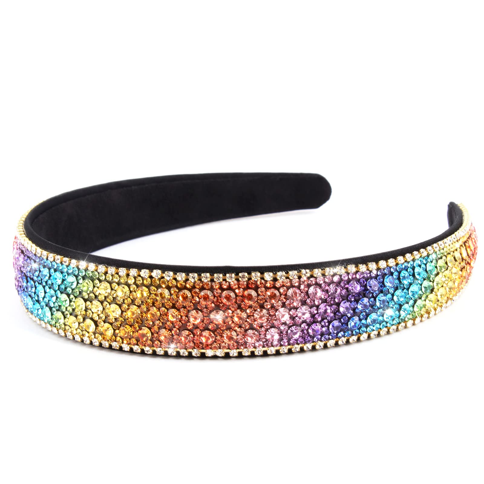 Wecoe headband front view showing rainbow rhinestones and stylish sparkle