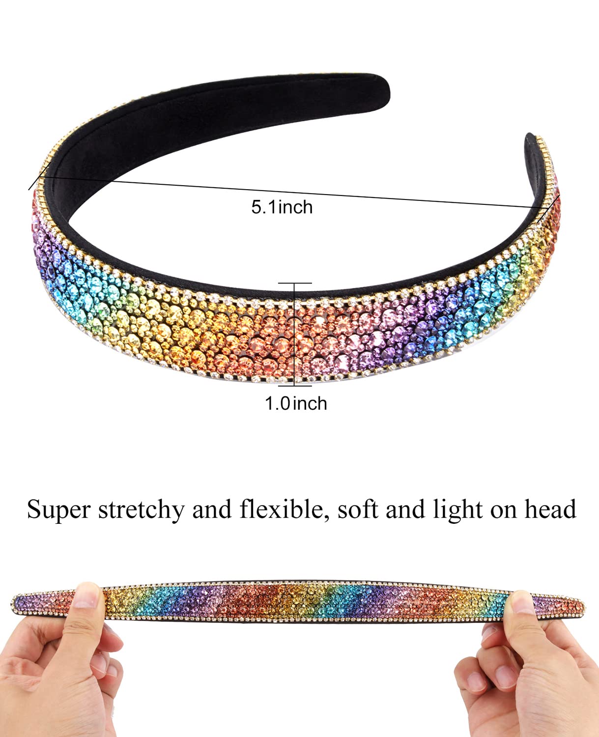 Wecoe headband worn in styled hair adding colorful sparkle to look